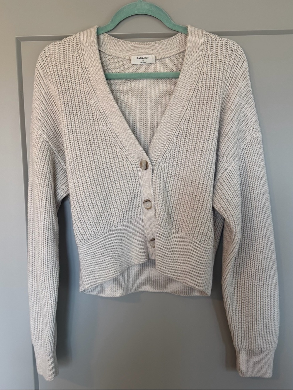Babaton Light Cream Cropped V-Neck Button Cardigan